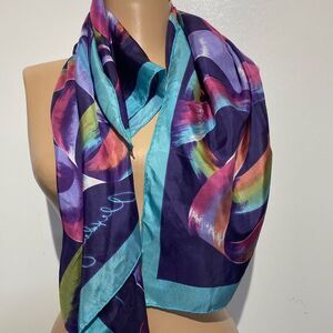 Alexander Julian Women's Blue Silk Scrolling Ribbon Scarf Wrap Size 34 x 34